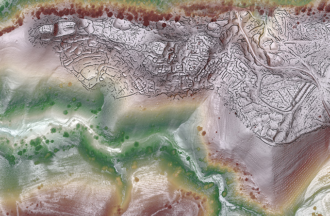 A computer analysis generated from lidar data reconstructs the outlines of a high-altitude medieval city in Central Asia. Sharp black lines across the top area that appear to have the highest elevation in this image reveal structures and roads.